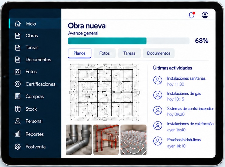 Demostración Sistema Panamat. Obra nueva. Últimas actividades: instalaciones sanitarias, gas, sistemas de contra incendios, calefacción y pruebas hidráulicas.